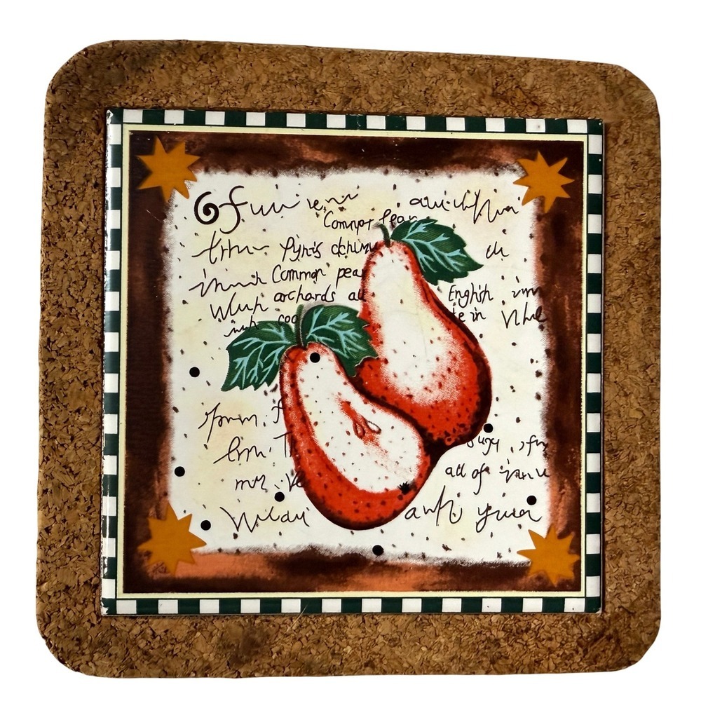 VTG Decorative Pears Whimsical Farmhouse Ceramic Tile Trivet Kitchen Decor 7.5in